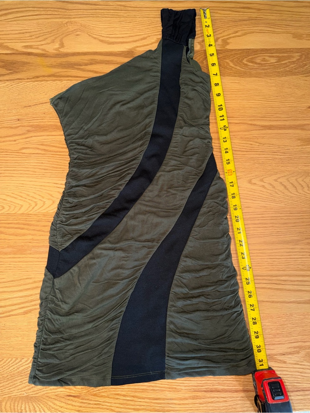 One-Shoulder Olive Green Dress with Black Accents